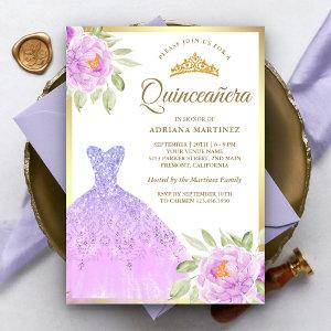 Sparkle Gown Lilac Purple Floral Gold Quinceanera