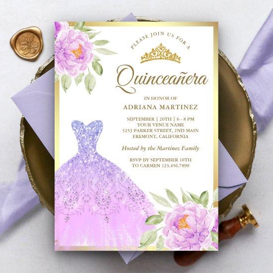 Sparkle Gown Lilac Purple Floral Gold Quinceanera