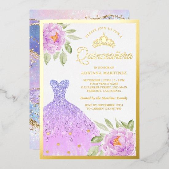 Sparkle Gown Lilac Purple Floral Quinceanera Gold Foil