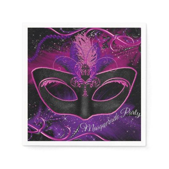 Sparkle Pink & Purple Mask Masquerade Party Napkin