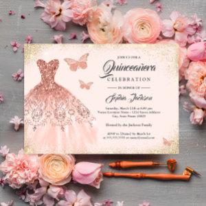 Sparkle Rose Gold Dress Butterfly Quinceanera