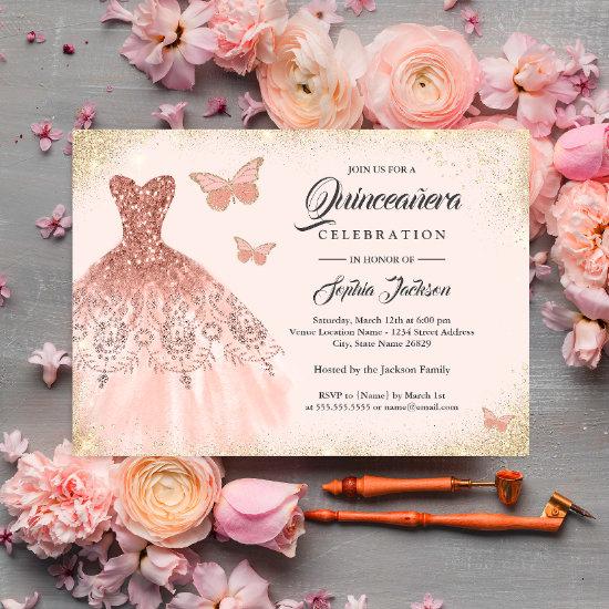 Sparkle Rose Gold Dress Butterfly Quinceanera