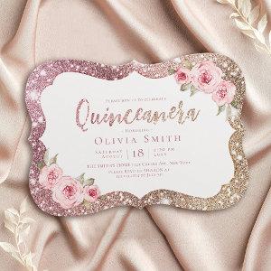 Sparkle rose gold glitter and floral Quinceanera