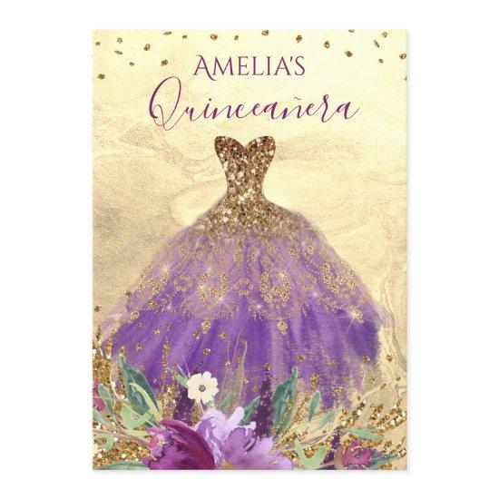 Sparkling Amethyst Dress Gold Quinceanera Invite
