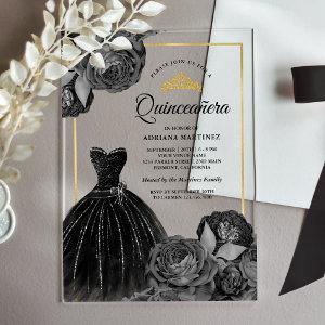 Sparkling Black Gown Grey Roses Gold Quinceanera Acrylic