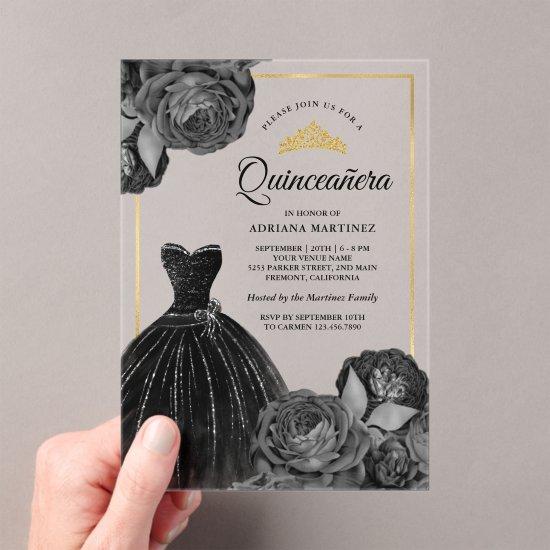 Sparkling Black Gown Grey Roses Gold Quinceanera Acrylic