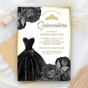 Sparkling Black Gown Grey Roses Gold Quinceanera