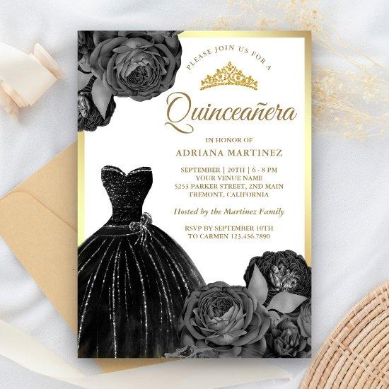Sparkling Black Gown Grey Roses Gold Quinceanera