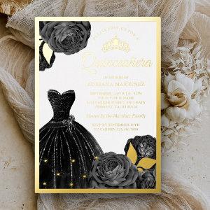 Sparkling Black Gown Grey Roses Quinceanera Gold Foil