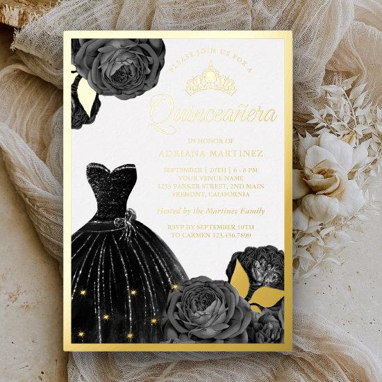 Sparkling Black Gown Grey Roses Quinceanera Gold Foil