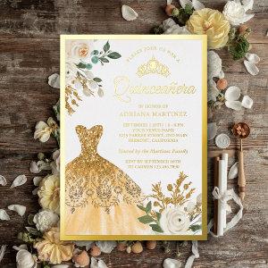 Sparkling Gold Gown Ivory Floral Quinceanera Gold Foil