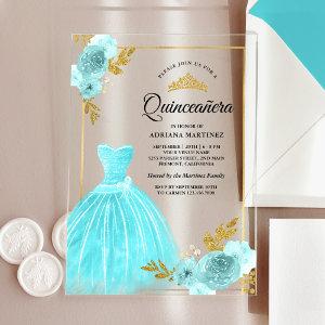 Sparkling Gown Aqua Blue Floral Gold Quinceanera Acrylic
