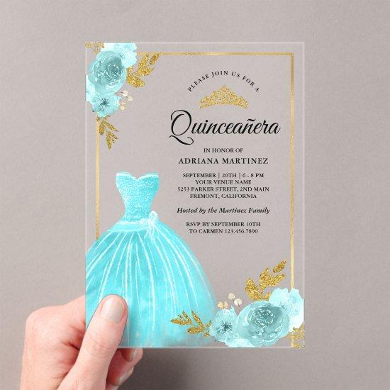 Sparkling Gown Aqua Blue Floral Gold Quinceanera Acrylic
