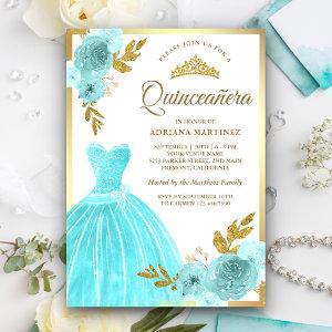 Sparkling Gown Aqua Blue Floral Gold Quinceanera