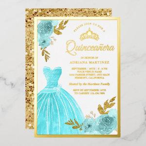 Sparkling Gown Aqua Blue Floral Quinceanera Gold Foil
