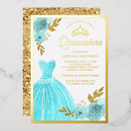 Sparkling Gown Aqua Blue Floral Quinceanera Gold Foil