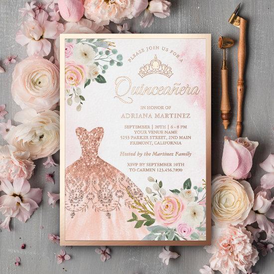 Sparkling Gown Blush Floral Quinceanera Rose Gold Foil