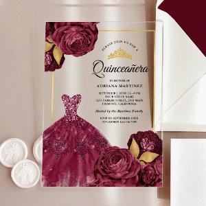 Sparkling Gown Burgundy Floral Gold Quinceanera Acrylic