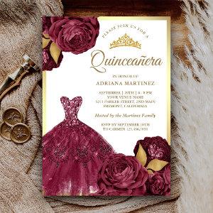 Sparkling Gown Burgundy Floral Gold Quinceanera