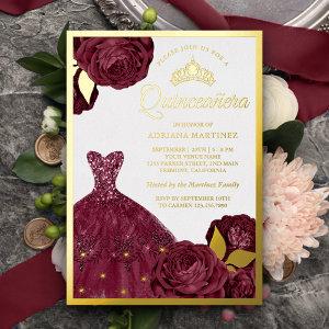 Sparkling Gown Burgundy Floral Quinceanera Gold Foil