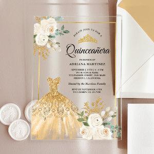 Sparkling Gown Ivory Floral Gold Quinceanera Acrylic