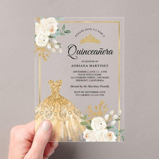 Sparkling Gown Ivory Floral Gold Quinceanera Acrylic