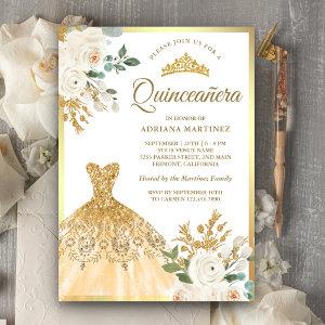 Sparkling Gown Ivory Floral Gold Quinceanera