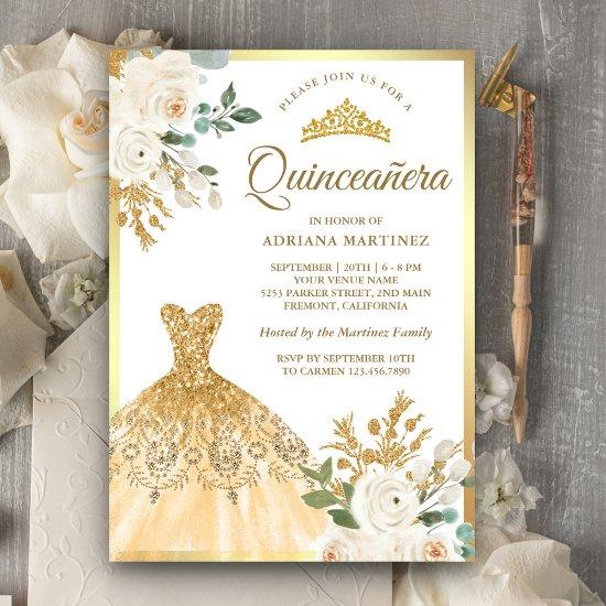 Sparkling Gown Ivory Floral Gold Quinceanera