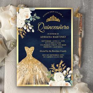 Sparkling Gown Ivory Floral Navy Gold Quinceanera
