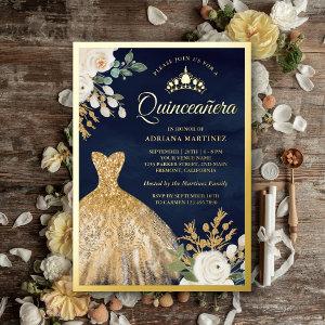 Sparkling Gown Ivory Floral Navy Quinceanera Gold Foil