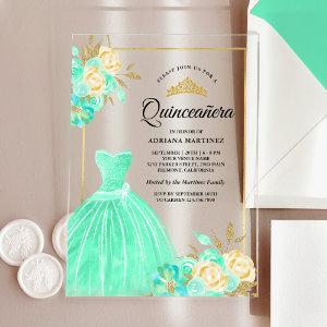 Sparkling Gown Mint Green Floral Gold Quinceanera Acrylic