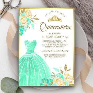 Sparkling Gown Mint Green Floral Gold Quinceanera
