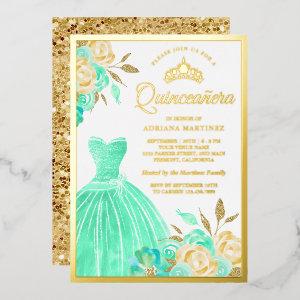 Sparkling Gown Mint Green Floral Quinceanera Gold Foil