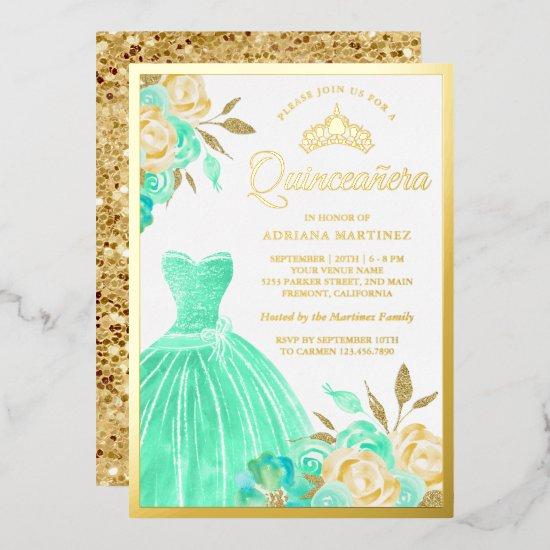 Sparkling Gown Mint Green Floral Quinceanera Gold Foil