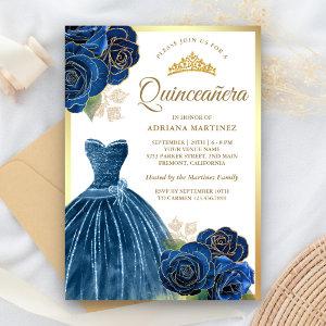 Sparkling Gown Navy Blue Roses Gold Quinceanera