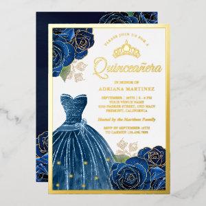 Sparkling Gown Navy Blue Roses Quinceanera Gold Foil