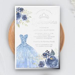 Sparkling Gown Pastel Blue Roses Quinceanera Foil