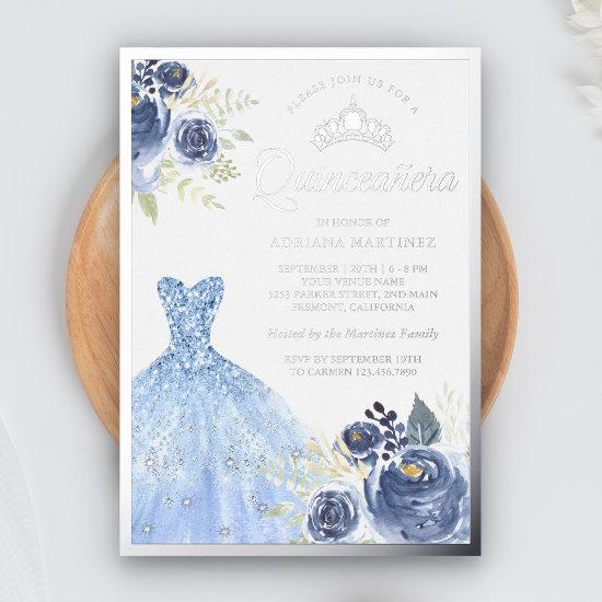Sparkling Gown Pastel Blue Roses Quinceanera Foil