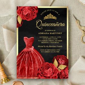 Sparkling Gown Red Roses Black Gold Quinceanera