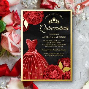 Sparkling Gown Red Roses Black Quinceanera Gold Foil