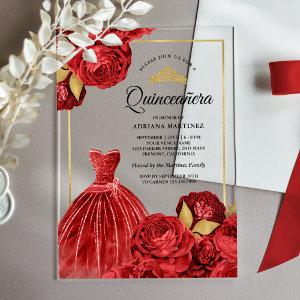 Sparkling Gown Red Roses Gold Quinceanera Acrylic