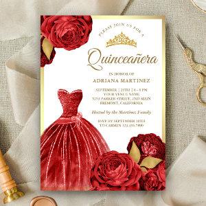 Sparkling Gown Red Roses Gold Quinceanera