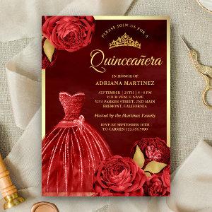 Sparkling Gown Red Roses Maroon Gold Quinceanera