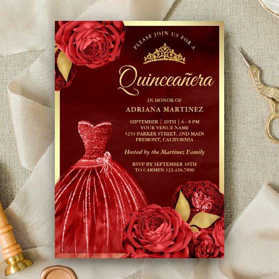 Sparkling Gown Red Roses Maroon Gold Quinceanera