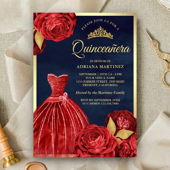 Sparkling Gown Red Roses Navy Gold Quinceanera