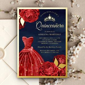 Sparkling Gown Red Roses Navy Quinceanera Gold Foil