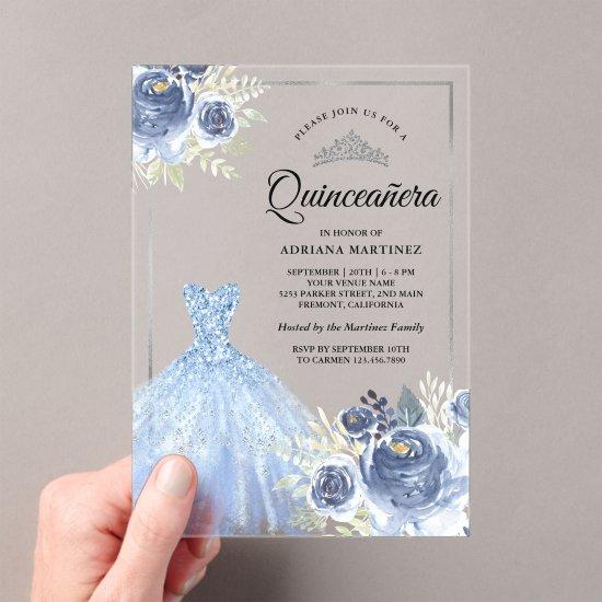 Sparkling Gown Soft Blue Roses Silver Quinceanera Acrylic