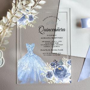 Sparkling Gown Soft Blue Roses Silver Quinceanera Acrylic