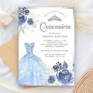 Sparkling Gown Soft Blue Roses Silver Quinceanera