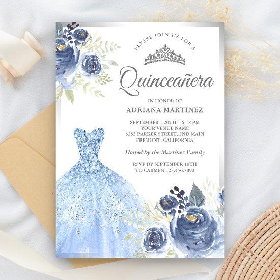 Sparkling Gown Soft Blue Roses Silver Quinceanera